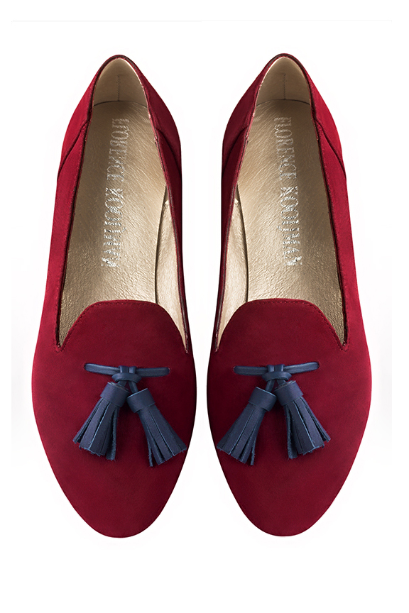 Burgundy red and navy blue women's loafers with pompons. Round toe. Flat leather soles. Top view - Florence KOOIJMAN